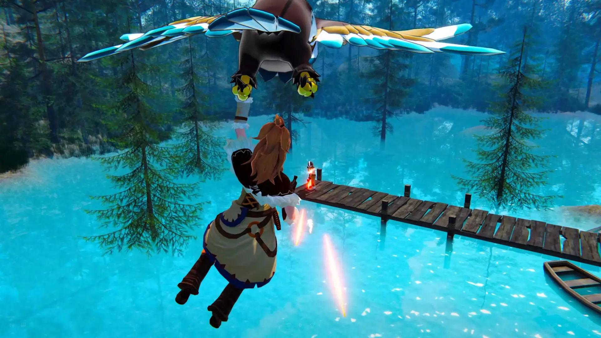 Palworld player gliding over a turquoise lake toward a wooden dock